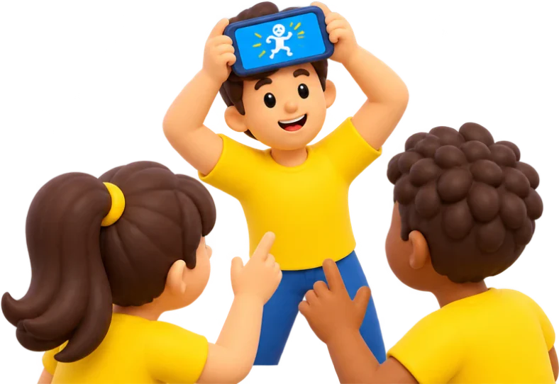 Three clay characters playing charades together, with one holding a phone to their forehead